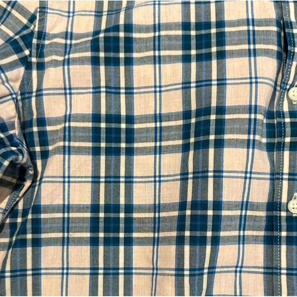 J Crew Mens Large Slim Long Sleeve Shirt in Pink and Blue Plaid Cotton Elastin